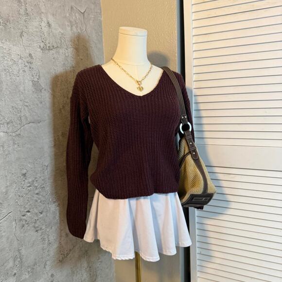 Preppy No Comment Cable Knit Purple V Neck Sweater - Picture 3 of 8